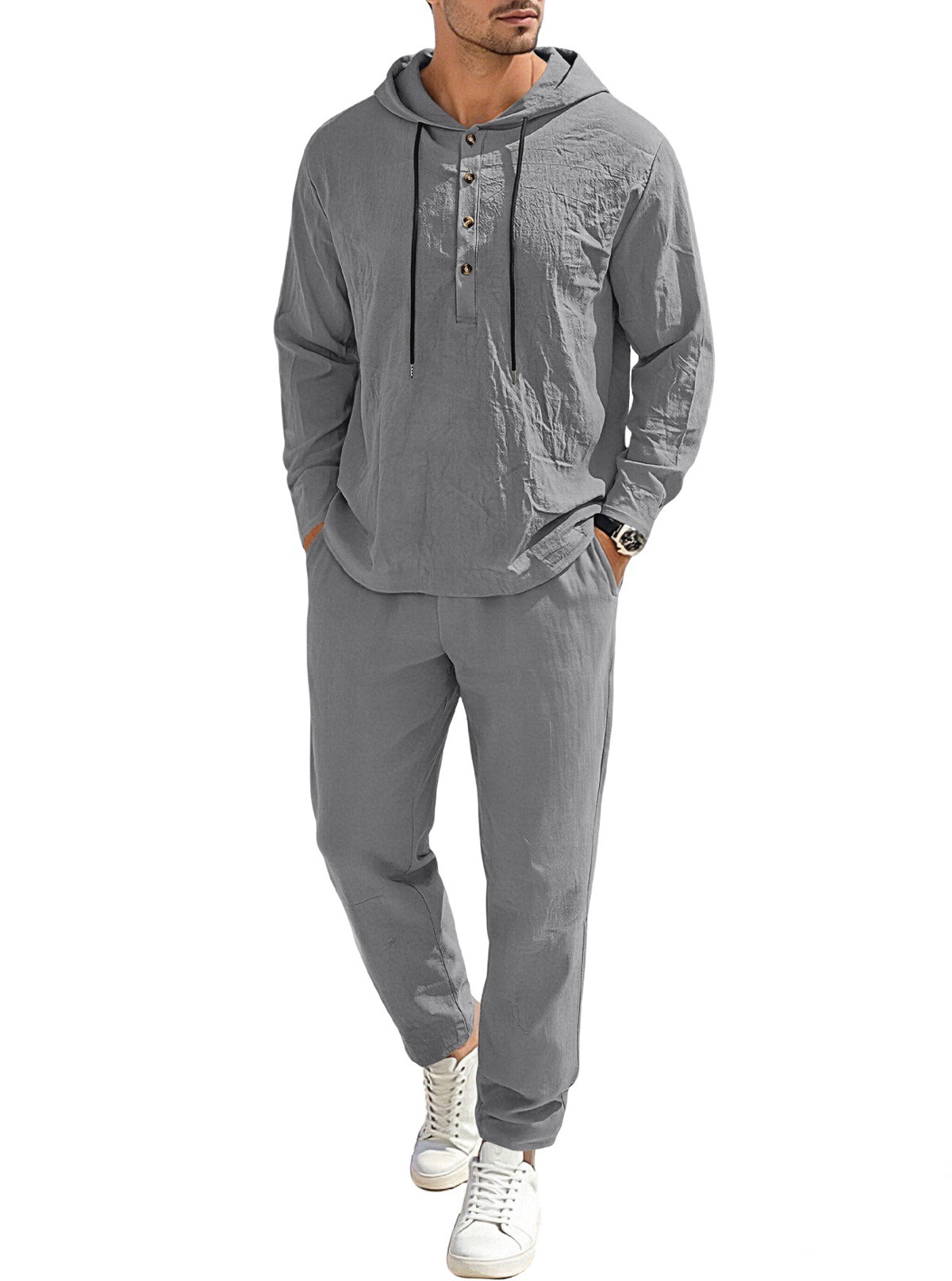 Nuevo transfronterizo europeo y americano TK Amazonas hombre nuevo lino de color sólido con capuzas de tirada manga larga pantalones para hombres