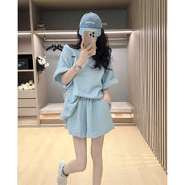 网红蓝色华夫格宽松短袖短裤套装女夏休闲运动T恤上衣减龄两件套