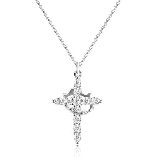 Rotating Crown Cross Necklace, Stainless Steel Chain Zircon Pendant Necklace_voghion.com