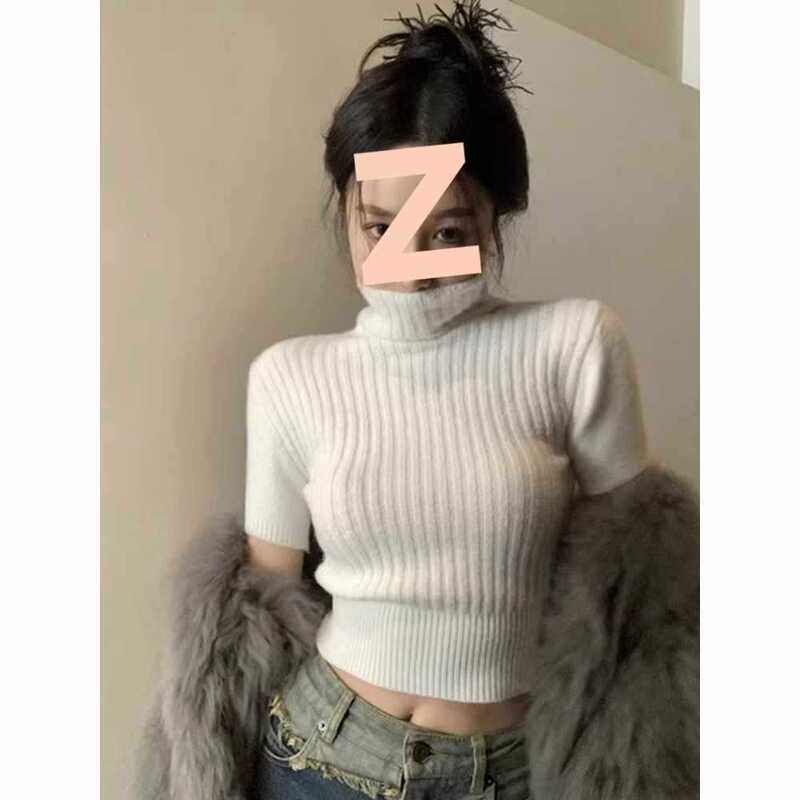 Women's Short-Sleeve High-Neck Knit Top, Soft and Cozy Sweater, Spring/Summer Style, Fitted Waist, Short-Length Top Women's Short-Sleeve High-Neck Knit Top, Soft and Cozy Sweater, Spring/Summer Style, Fitted Waist, Short-Length Top
