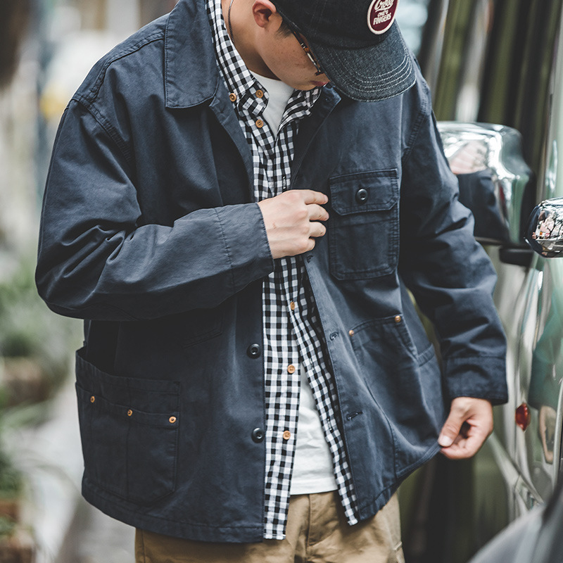 Maden Workwear Retro French-Style Coach Jacket in Navy Blue, Vintage Hunting-Style Outerwear with Multiple Pockets for Men, Spring Season
