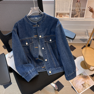 Internet Celebrity Retro Short Round Neck Denim Jacket Women's Spring and Autumn Korean Style dark blue Loose All-match Jacket Trendy Top