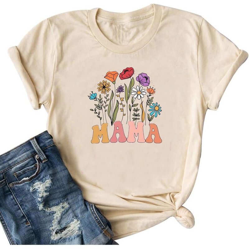 Mom's Shirt with Letter Print, Mom's Life T-Shirt, Mom Floral Wildflower Casual Short-Sleeve Mother's Day