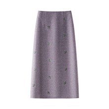 毛呢刺绣半身裙女秋冬2025新款简约韩版开叉长裙百搭加厚a字裙子