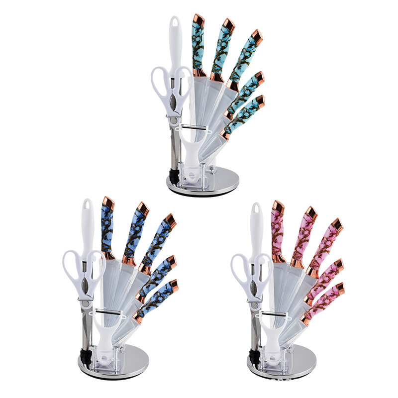 Nuevo cabezal de galvanoplastia doble transfronterizo de acero inoxidable, portaherramientas giratorias, juego de cuchillos de cocina de 9 piezas, juego de cuchillos para el hogar de cocina