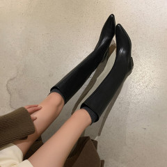 本革のフランスの平底の毛皮の騎士靴の小さい膝の下の靴の広い筒と膝の靴の平口の高い筒のブーツの女性