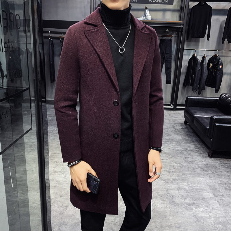 Autumn and winter new men's single-breasted mid-length snowflake trench coat Korean slim-fit woolen coat large size men's clothing