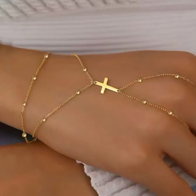 Stainless Steel Cross-Border Fashion Simple Double-Layer Bead Cross Pendant Bracelet Women's Layered Metal Cross Finger Chain
