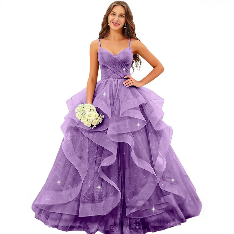Starry sky strap evening dress with ruffles and a large hem, suitable for adult ceremonies, banquets, art exams, and as a long wedding dress in European and American style Starry sky strap evening dress with ruffles and a large hem, suitable for adult ceremonies, banquets, art exams, and as a long wedding dress in European and American style