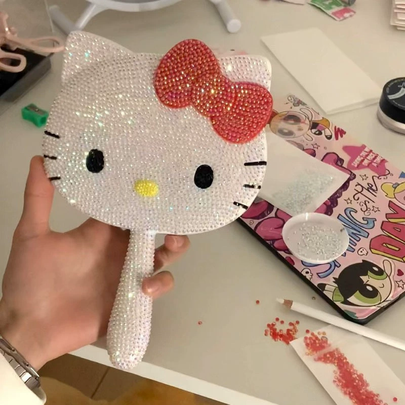Hello kitty, handle, handheld mirror for students, DIY, diamond encrusted