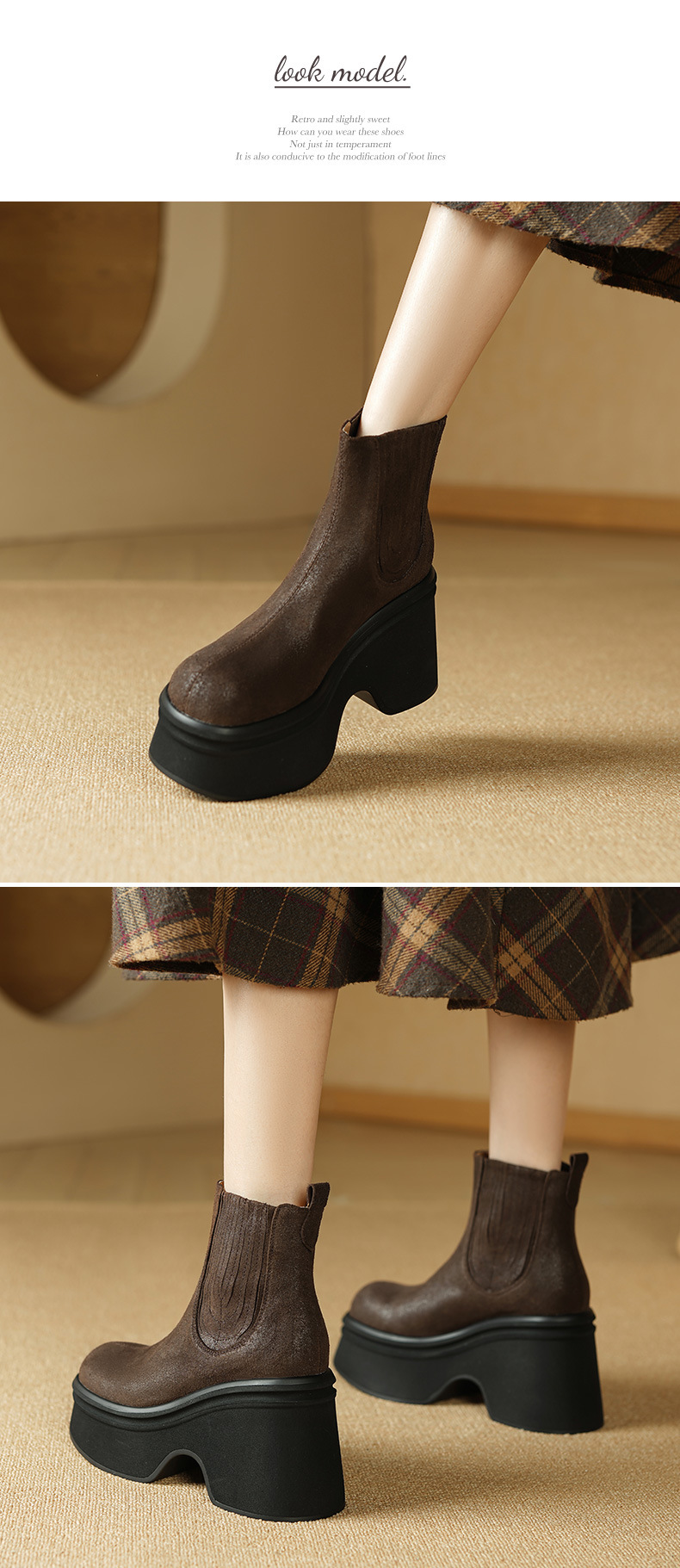 Giày boot Chelsea nữ cổ thun đế dày 10 cm chống nước mùa thu đông — đen, nâu sẫm chi tiết 5