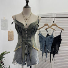 实拍美式复古辣妹系带流苏毛边牛仔吊带背心短款露脐无袖上衣2690