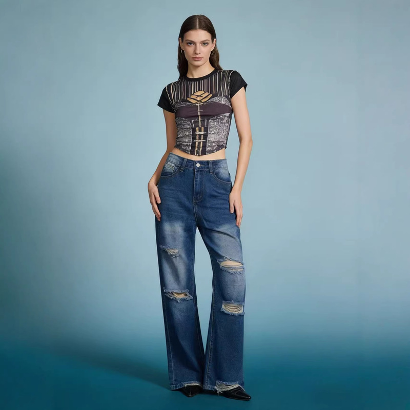 European and American Cross-Border New Style Straight-Leg Jeans with Fringes, Washed and Ripped, Long Denim Pants, Straight-Cut Casual Women's Jeans European and American Cross-Border New Style Straight-Leg Jeans with Fringes, Washed and Ripped, Long Denim Pants, Straight-Cut Casual Women's Jeans