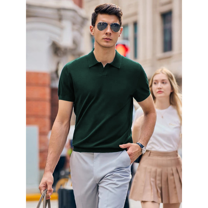 Polo de negocios de solapa suave y cerosa delicada y fresca para hombre, manga corta de punto de verano para hombre, cuello de gaviota para hombre, comercio exterior transfronterizo al por mayor