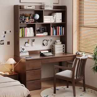 Solid Wood Desk Bookshelf Integrated Home Student Small Apartment Bedroom Hole Board Study Table Living Room Study Computer Table