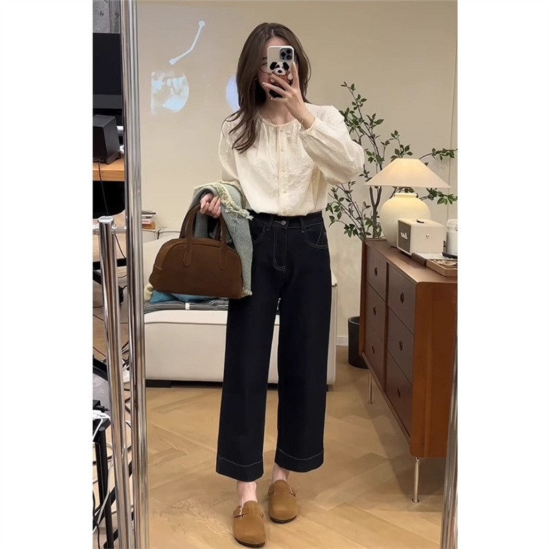 秋季搭配一整套设计感流苏牛仔马甲精致衬衫牛仔阔腿裤时尚套装女