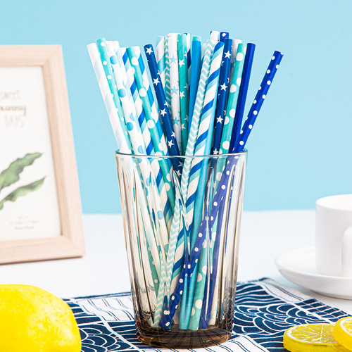 Wholesale degradable paper straws disposable blue straws series banquet wedding theme decoration party