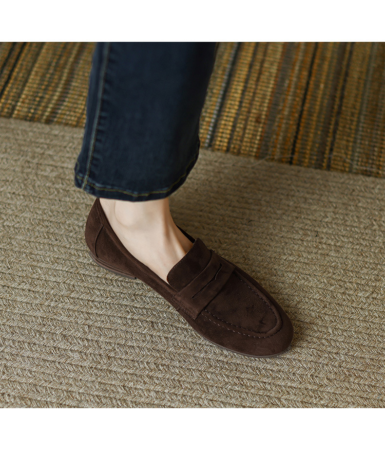 Giày Loafer Nữ Mũi Vuông Gót Bệt Phong Cách Anh Quốc — nâu chi tiết 2