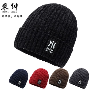 男士加绒针织帽冬季雪尼尔字母户外骑行套头帽简约防寒保暖毛线帽