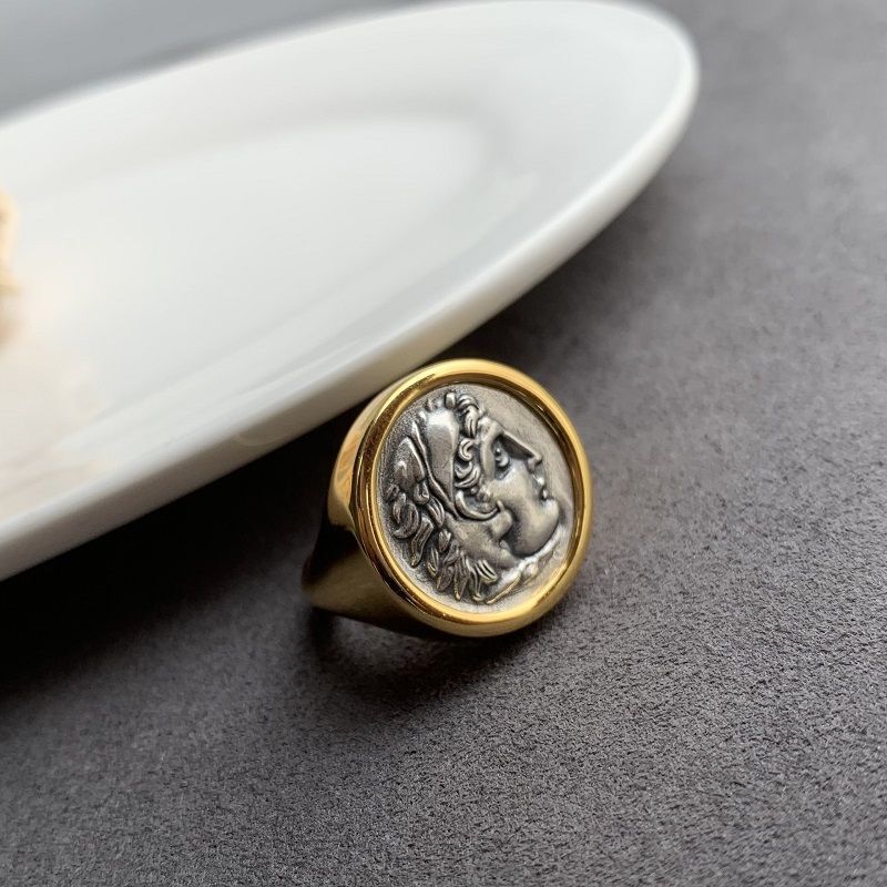 Couple's Ring Hercules Ancient Coin Greek Personality Creative Hip-Hop Portrait Men's and Women's Retro Jewelry Gold Coin Pair Ring