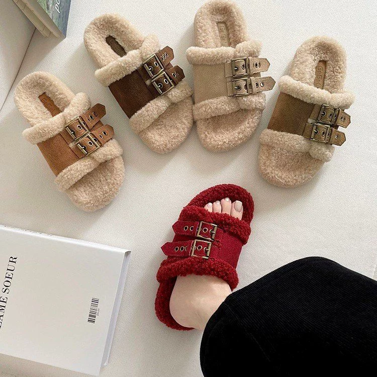 2024 новая плоская шерстяная обувь женская слово хлопчатобумажный буксир на открытом воздухе повседневная дикая обувь Birken ленивый буксир большой размер через границу