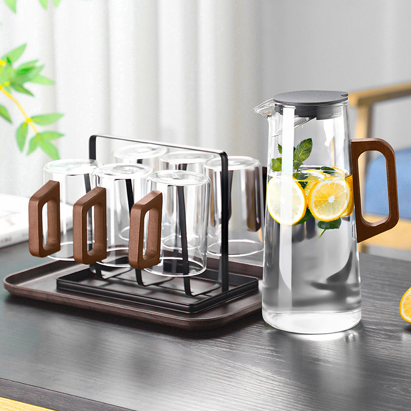 Taza de té de vidrio con mango de madera transfronterizo, resistente a altas temperaturas, juego de tazas para sala de estar, juego de tazas de agua para el hogar, hervidor de agua para hospitalidad.