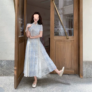 新中式国风改良旗袍粉紫色连衣裙女夏季2026新款温婉典雅蕾丝长裙