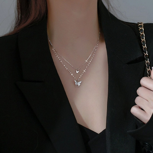 Butterfly double-layer necklace women's niche design temperament silver-plated jewelry ins cold style clavicle chain
