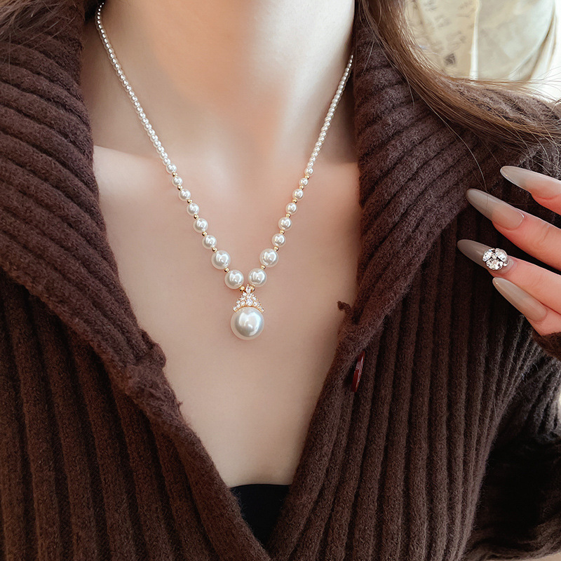 真金电镀圆形珍珠款耳钉项链套装小众耳环时尚气质耳饰轻奢高级感详情31