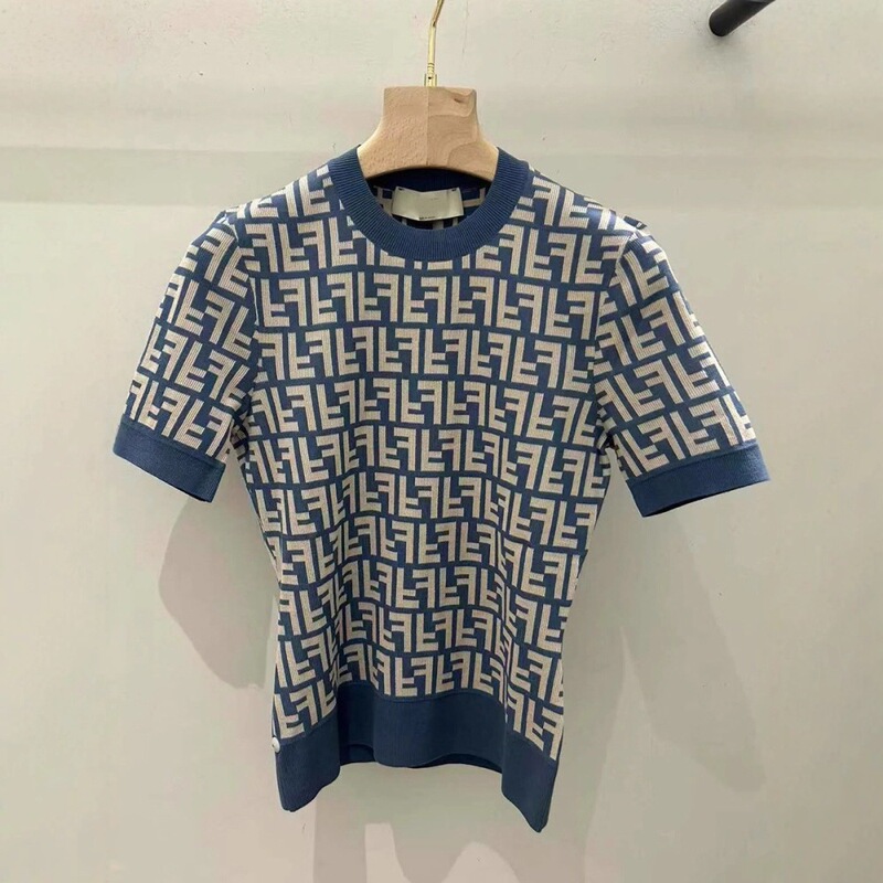 Nanyou Double F25 Full-Print Monogram Round-Neck Knit Short-Sleeve T-Shirt for Women, Slim-Fit Top, Original Design Nanyou Double F25 Full-Print Monogram Round-Neck Knit Short-Sleeve T-Shirt for Women, Slim-Fit Top, Original Design