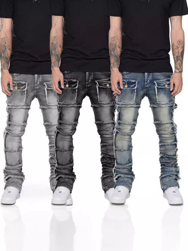 Men's Denim Cargo Straight-Leg Pants European and American Fashion Ins Popular Stretch Patch Denim Layered Flared Men's Pants Men's Denim Cargo Straight-Leg Pants European and American Fashion Ins Popular Stretch Patch Denim Layered Flared Men's Pants