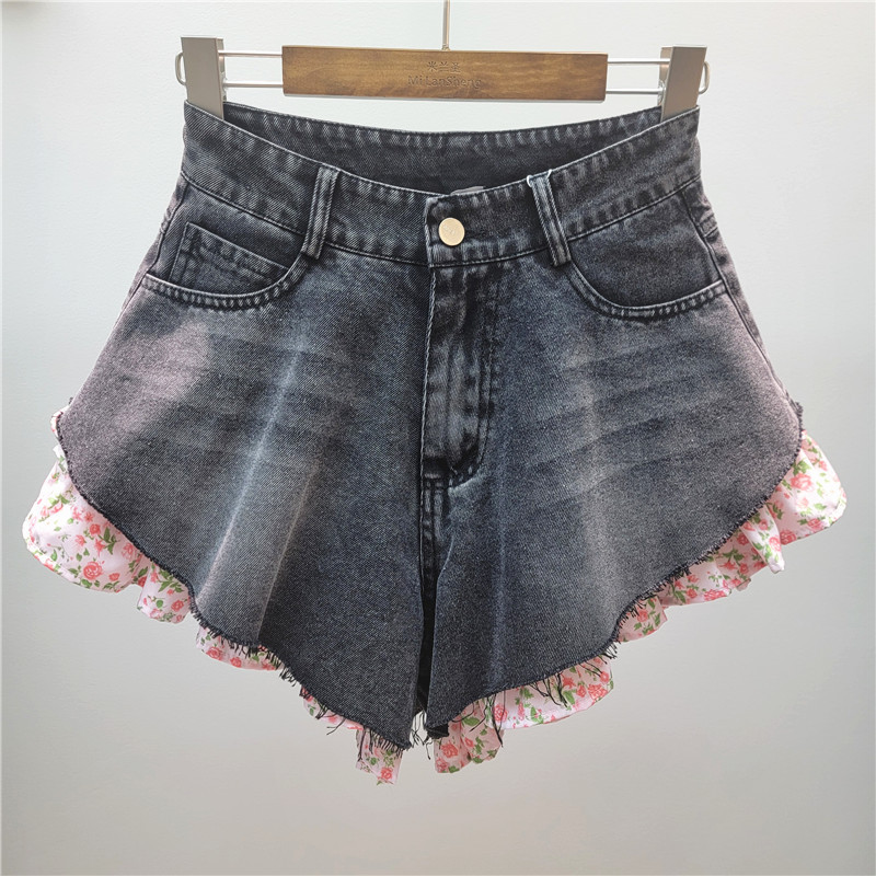 Pantalones Cortos de Mezclilla Efecto Dos Piezas con Estampado Floral para Mujer image 2