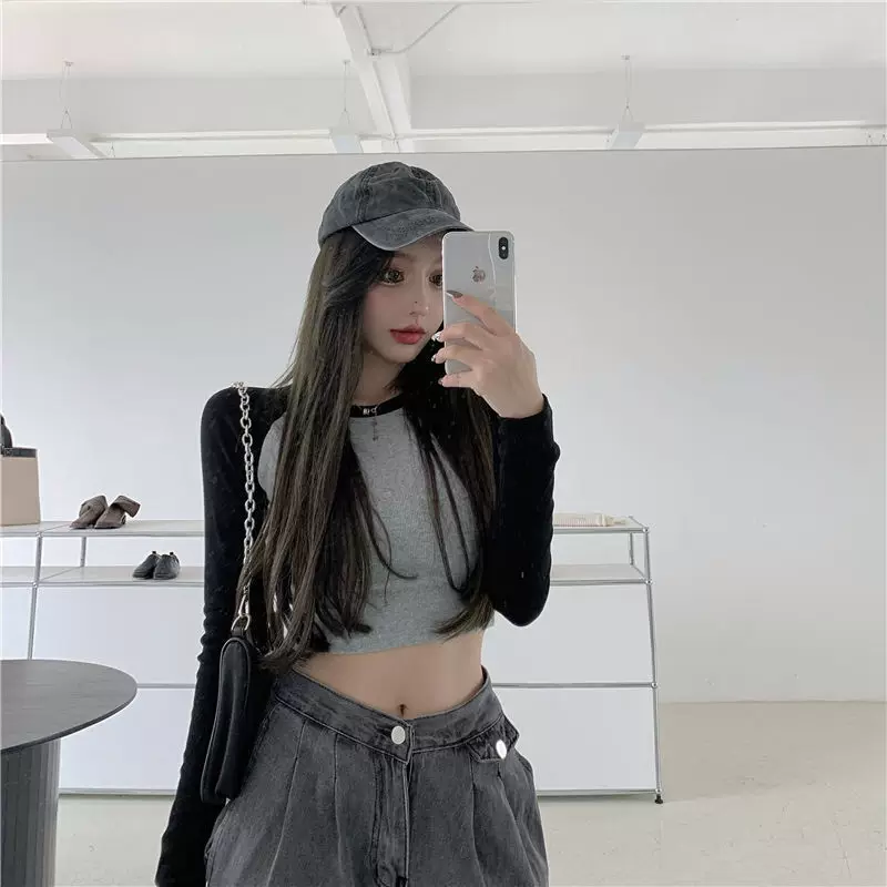 Короткий ретро лонгслив, Slim fit, облегающий, контрастные реглан-рукава (цвет 920)
