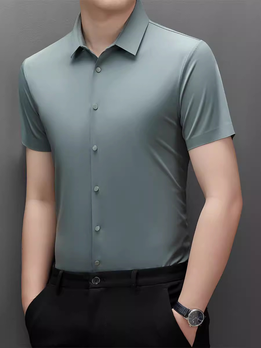 Polo para hombre de primavera y verano, estilo casual de negocios, sin arrugas, elástico, transpirable, sin costuras, con cuello vuelto, manga corta, sin costuras y elástico.
