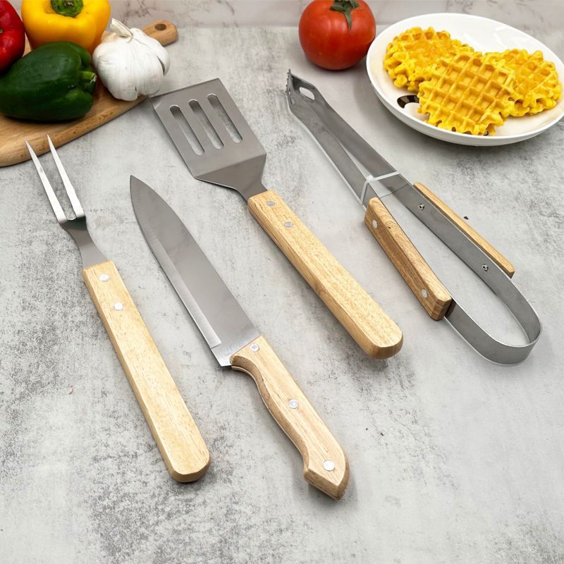 跨境不锈钢烧烤工具4件套荷木BBQ烤具套装烧烤户外刀叉2件套组合|undefined