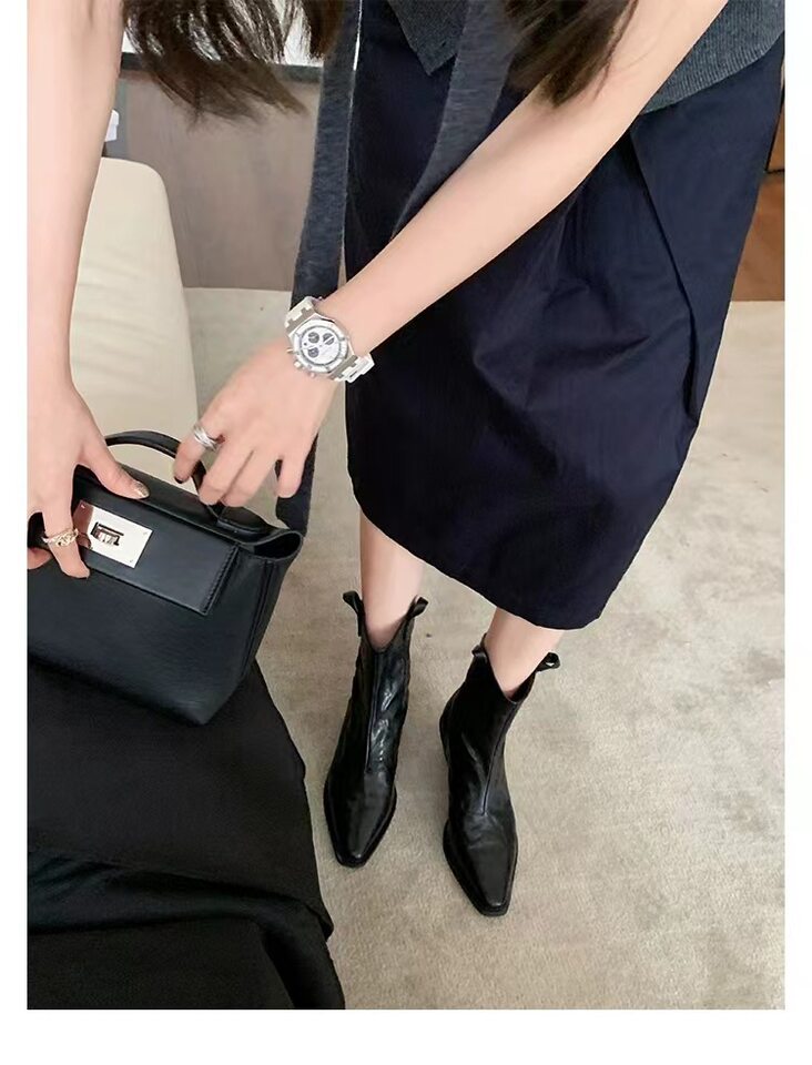 Bốt cổ ngắn nữ mũi nhọn cổ chữ V gót thô 3-5 cm chất liệu nhăn phong cách Hàn Quốc — Lớp lót đơn màu nâu, Lớp lót đơn màu đen, Nâu lót lông, Đen lót lông chi tiết 6