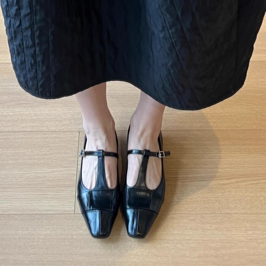 Mary Jane Leather Pumps With T-strap And Square Toe For Women_voghion.com