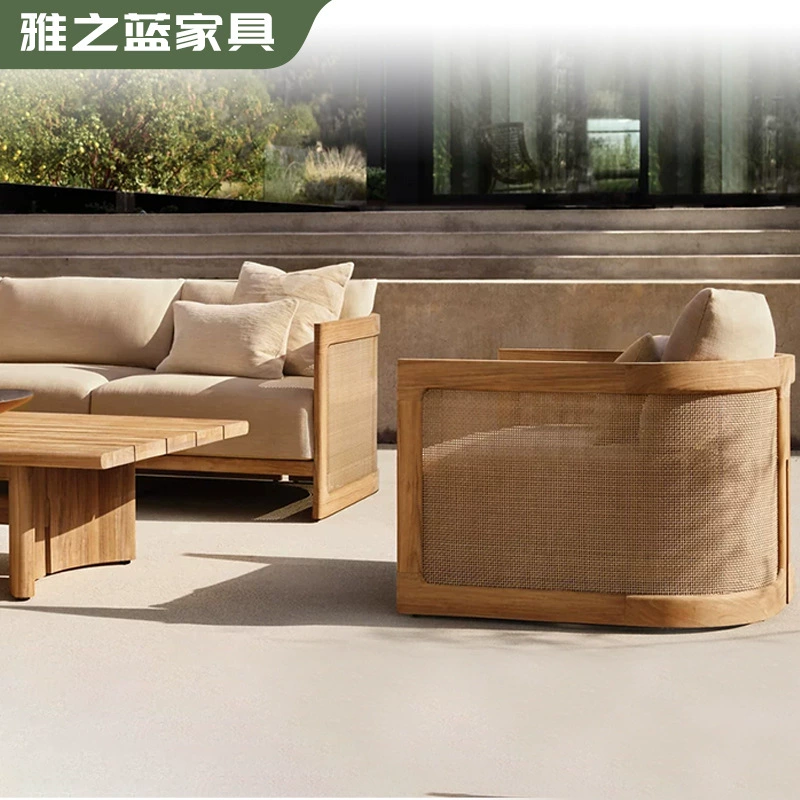 Уличная мебель: тиковый диван для виллы/отеля, уличный диван для двора, диван для отдыха на открытом воздухе, кофейный столик, ротанговый диван.