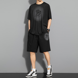T8328+K8332 Large Size Ice Silk Suit for Men 170kg Fat Men Quick-Drying Breathable Short-Sleeved Sportswear