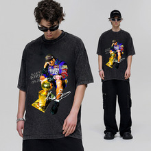 2025跨境科比KOBE篮球星美式小领口短袖T恤复古重磅水洗做旧上衣