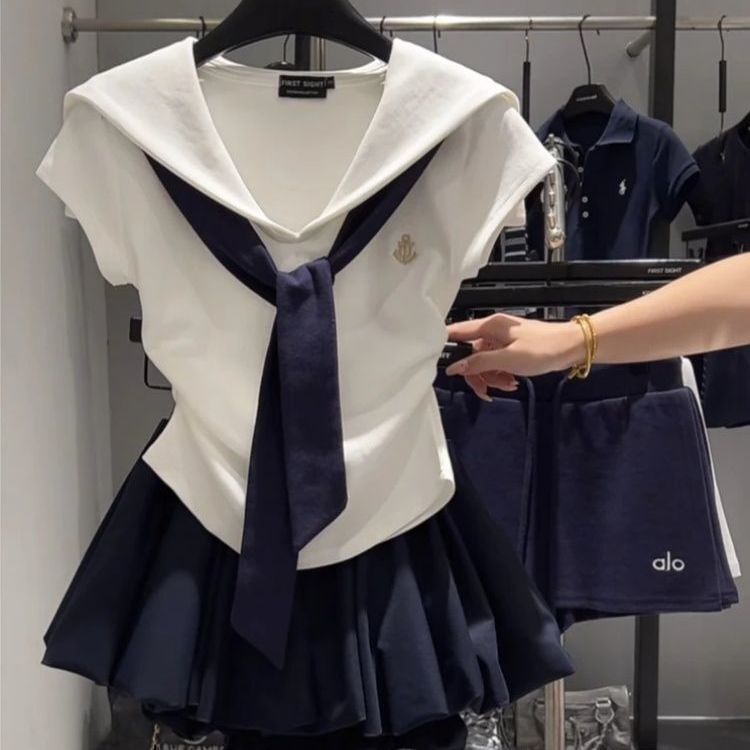 Korean-Style College Fashion Color-Blocked Navy Collar Short-Sleeve T-Shirt for Women 2025 Summer New Slim-Fit Slimming Top Ins Korean-Style College Fashion Color-Blocked Navy Collar Short-Sleeve T-Shirt for Women 2025 Summer New Slim-Fit Slimming Top Ins