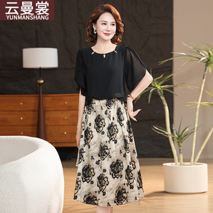 New Style Chiffon Short-Sleeved Dress for Middle-Aged and Elderly Mothers, Fashionable Printed Belly-Covering Slimming Mid-Length Thin Skirt
