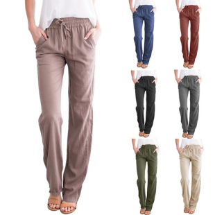 European and American Women's 2023 Summer Women's Solid Color High Waist Lace-up Wide Leg Straight Pants Cotton Linen Loose Casual Pants for Women