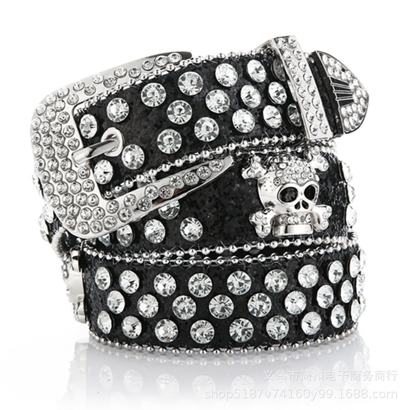 Women's Skull Rhinestone Belt European and American Style Women's Belt Lengthened Belt Denim Style Outdoor Belt