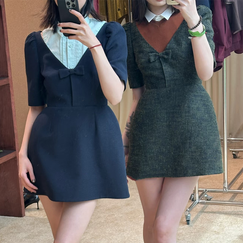 【现货】2025秋冬气质优雅A字裙V领蝴蝶结中袖收腰连衣裙 25772