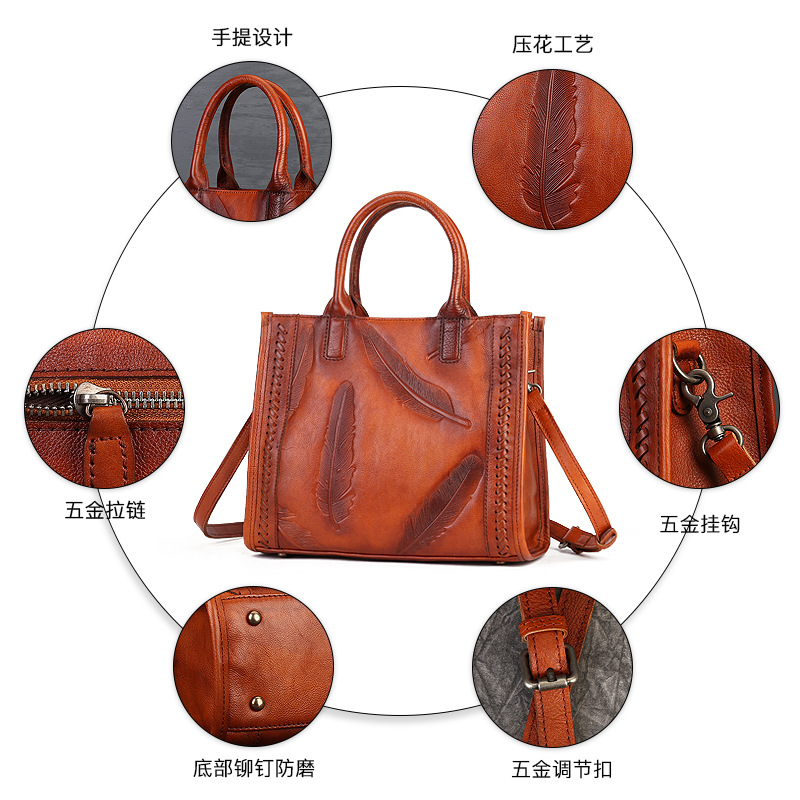 Genuine Leather Women's Handbag Top Grain Cowhide Vintage Small Square Bag Feather Embossed Tote Shoulder Bag - Thumbnail 2