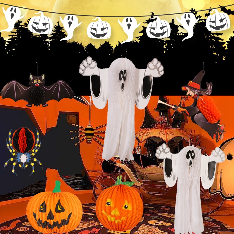 Amazon venta caliente araña fantasma murciélago papel colgante colgante jardín de infantes barra tela Halloween decoración al por mayor