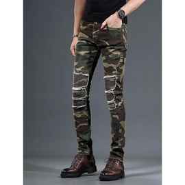 春夏季水洗机车拼接迷彩牛仔裤男韩版潮流弹力修身休闲长裤潮牌潮