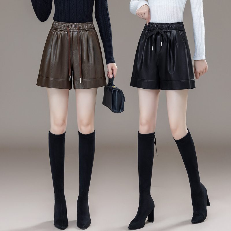 2025 New Autumn and Winter Haining Full Leather Goatskin Shorts Women's A-Line Elastic Waist High Waist Slim Wide Leg Pants for Outer Wear