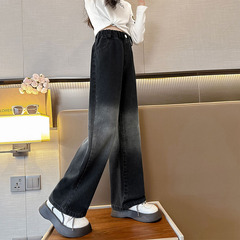 女童牛仔褲秋季2023新款洋氣寬鬆闊腿褲春秋裝中大童漸變直通褲子